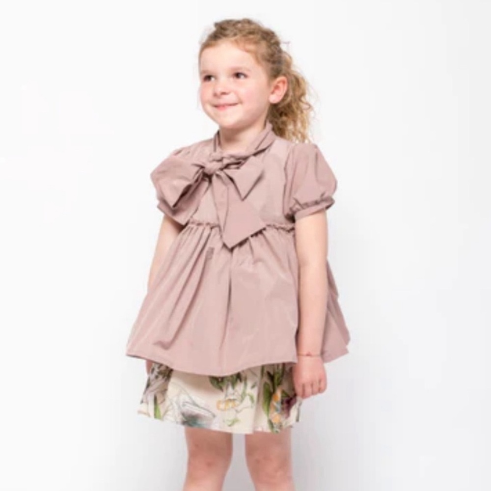 Christina Rohde blush pink taffeta puff sleeve tie neck babydoll blouse size 6